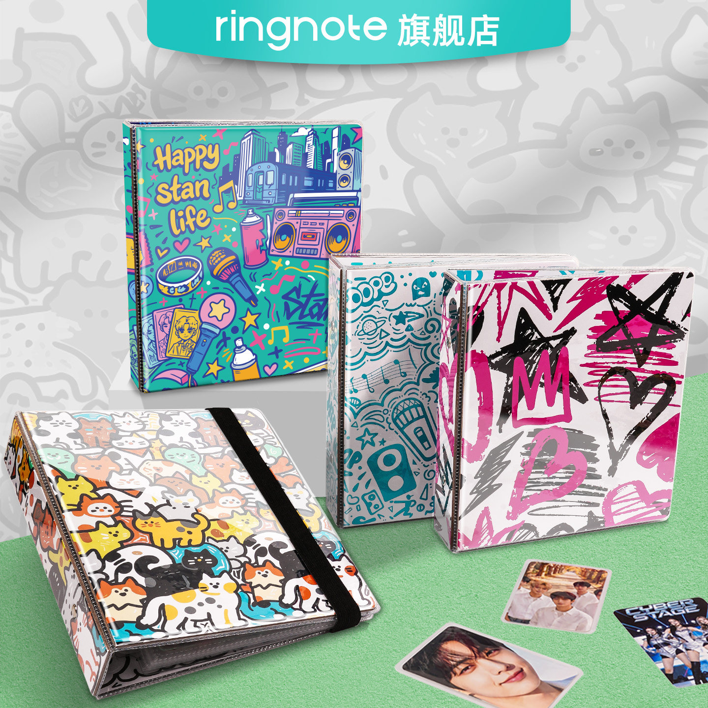 ringnote原创卡通涂鸦封面4宫格卡册3寸小卡收纳本金属活页夹加厚封面25页PP内页防爆本带绑带追星相片收藏册