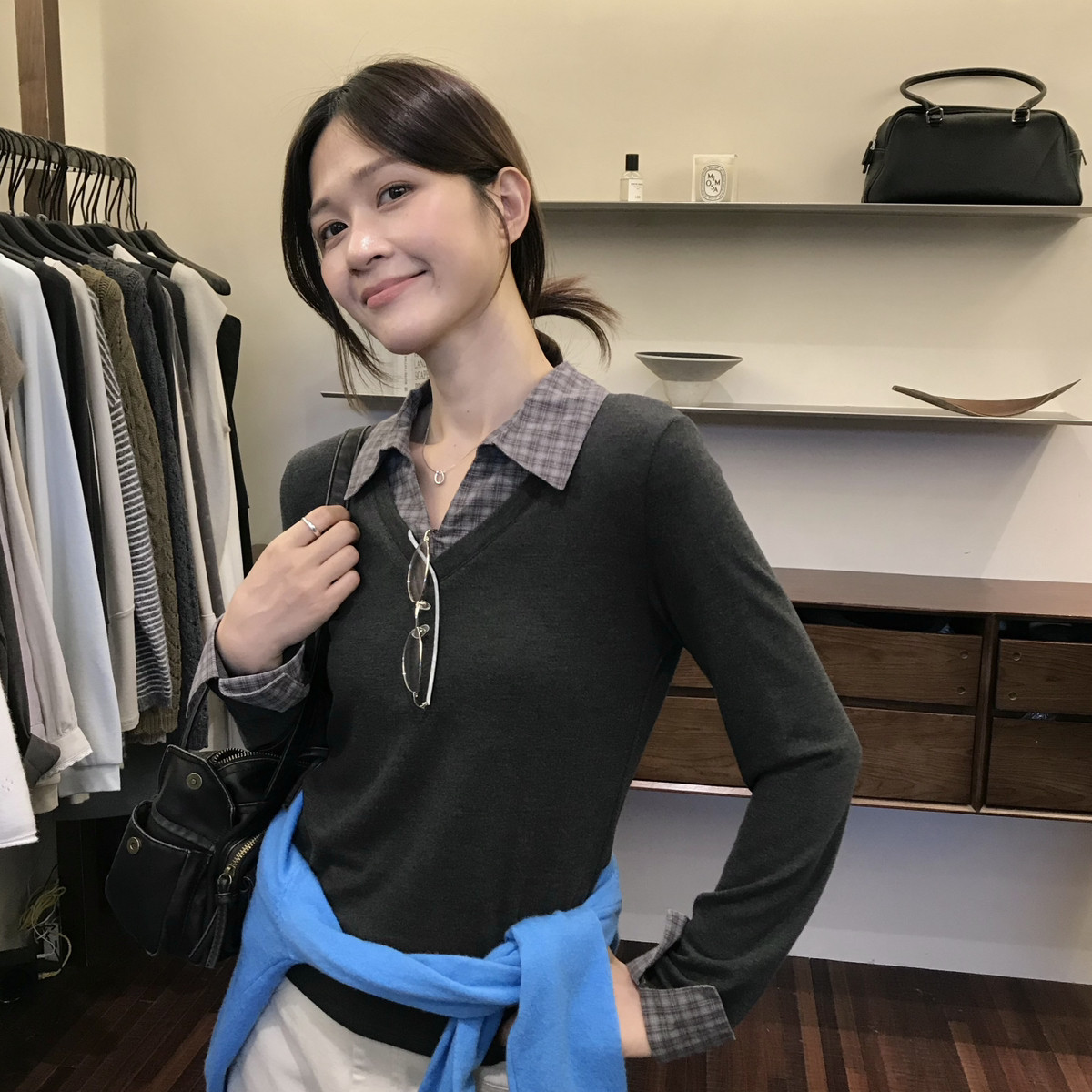 黑色上衣高质感拼色格纹假两件套头毛衣小衫