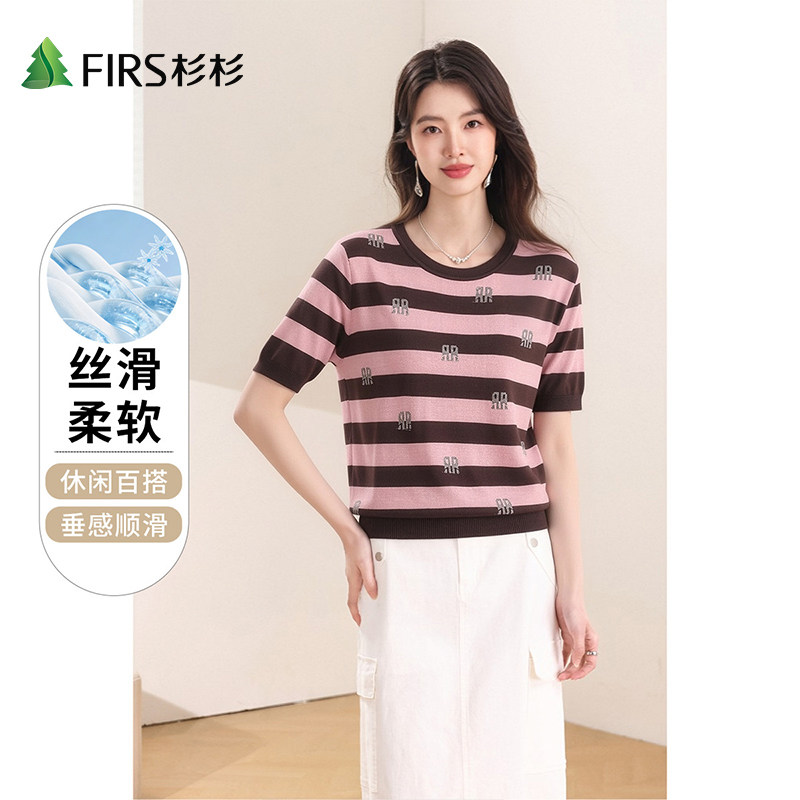 Firs/杉杉秋季撞色条纹复古休闲舒适透气柔软亲肤圆领T恤女式短袖