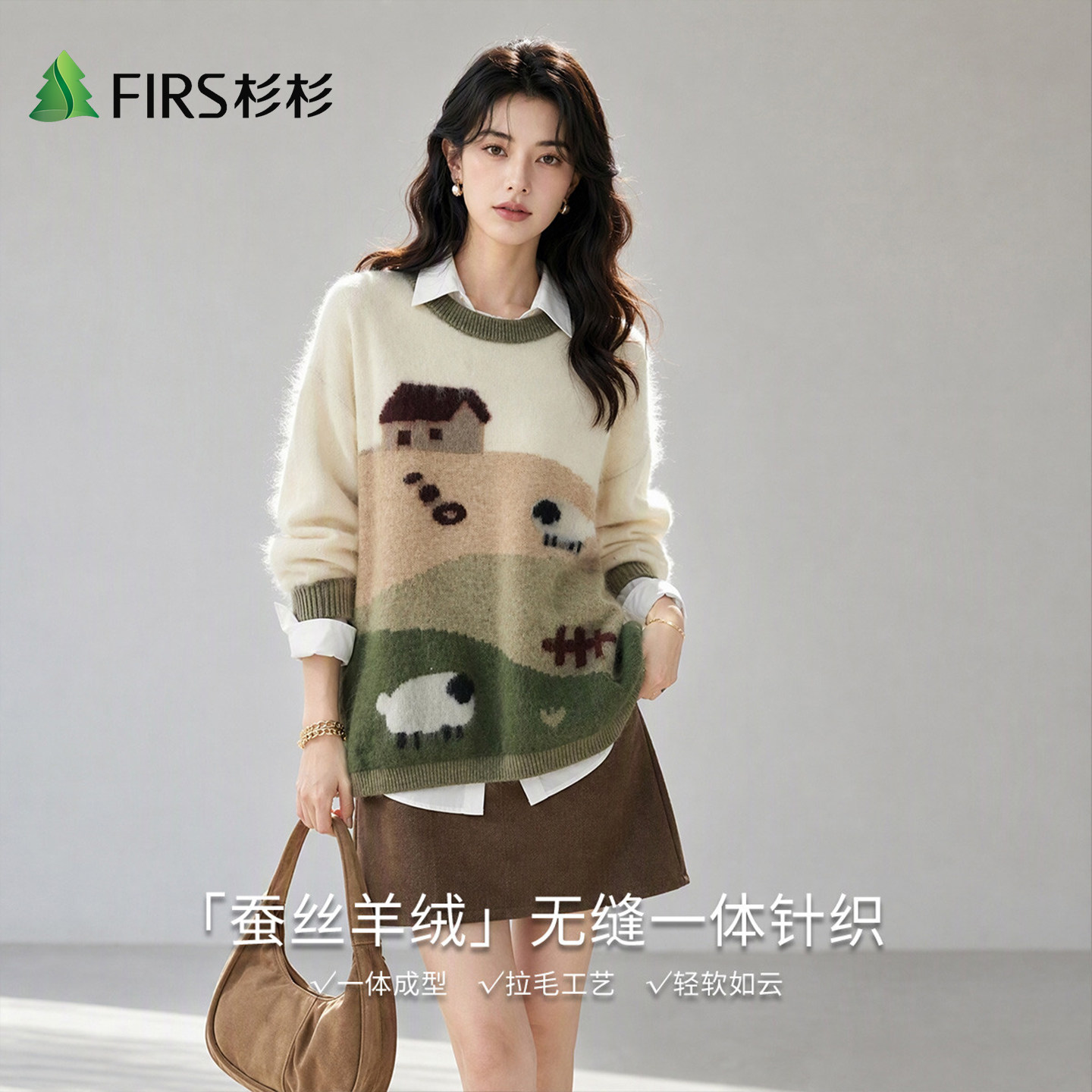 Firs/杉杉秋冬无缝一体小羊卡通提花圆领复古柔和女士羊毛衫毛衣