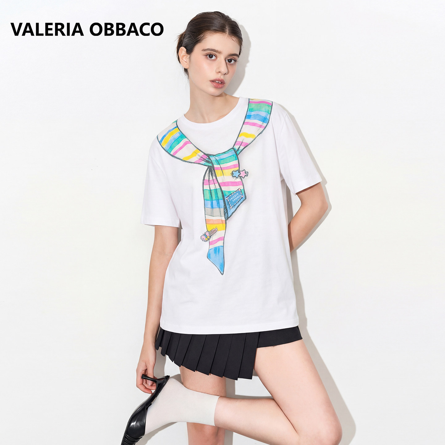 Valeria Obbaco VO奥贝科春夏新女设计感彩虹系带印花短袖T恤上衣