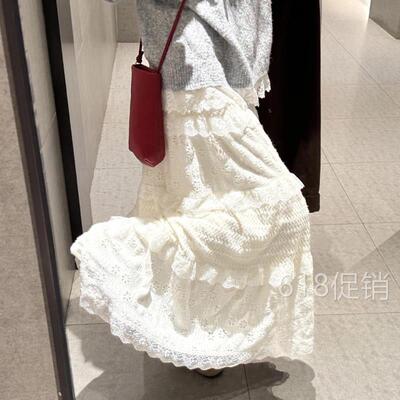 白色蕾丝蛋糕裙女春秋夏高腰显瘦宽松中长款a字半身裙蓬蓬镂空裙