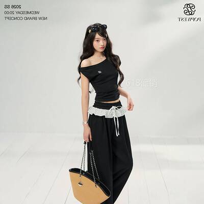 POPWEST丨斜肩卫衣扭结短袖t恤女夏日辣妹百搭上衣阔腿裤休闲套装
