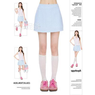 Rayohopp波点格纹满印蓝色半身裙女2026夏季高腰显瘦A字短裙ins潮