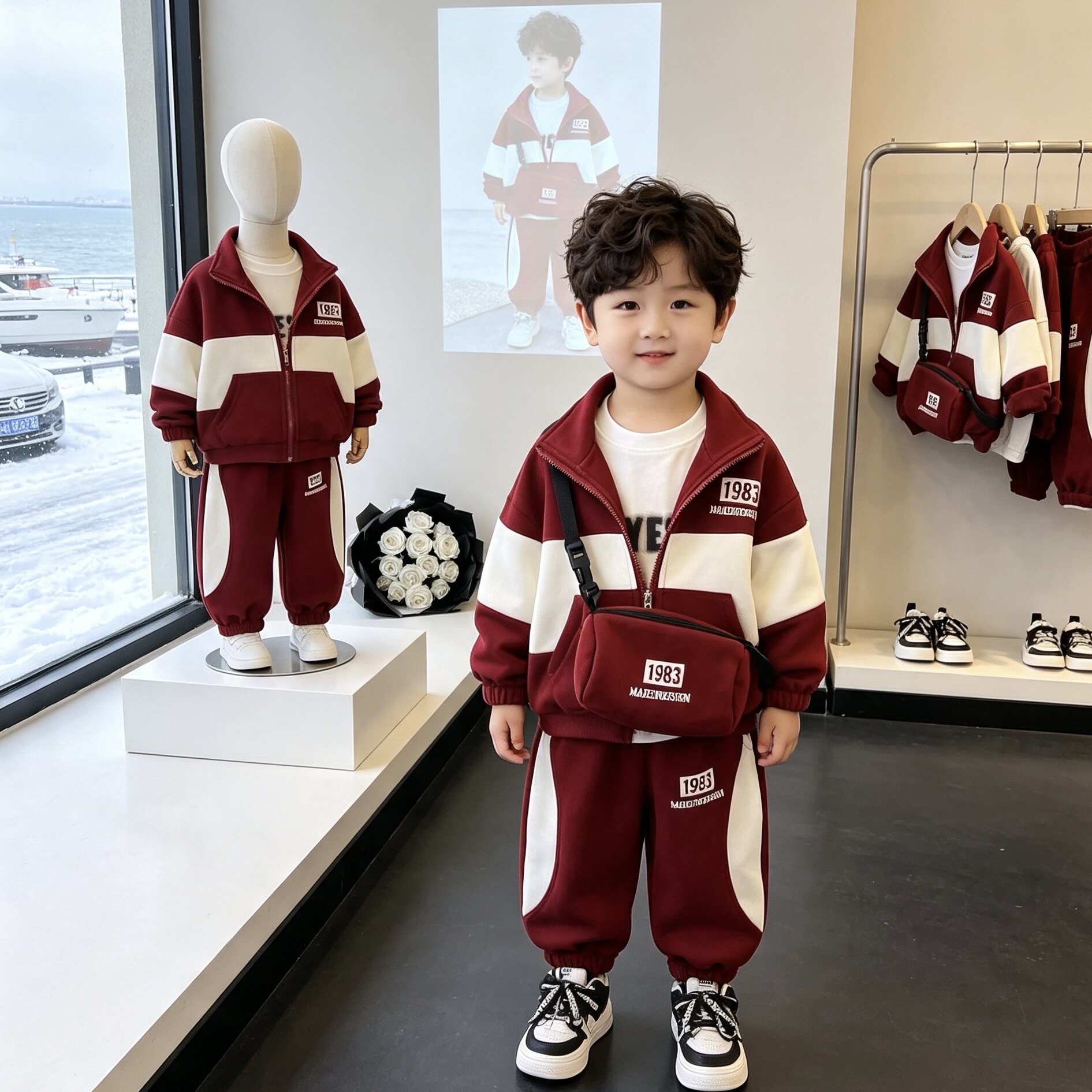 林小满男童春秋拼色三件套儿童外套长裤带挎包宝宝运动套装工厂