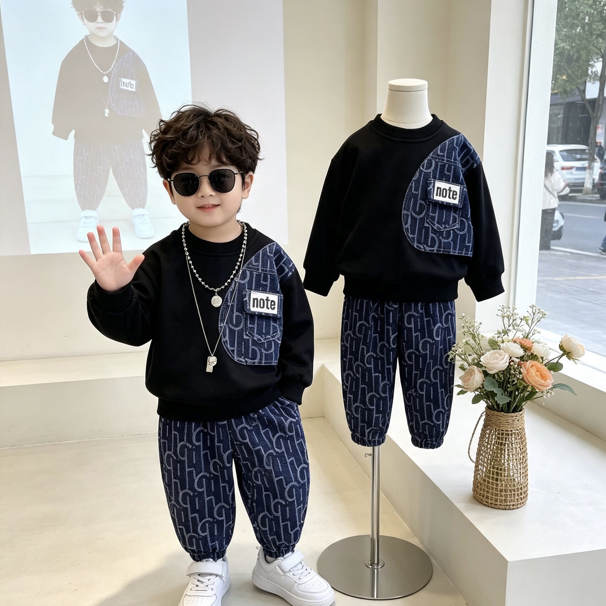小满童装男童套装秋装中小童长袖假两件卫衣休闲裤运动服两件套潮