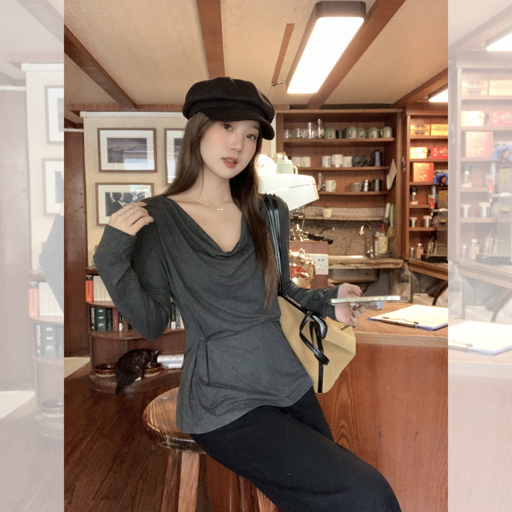 慵懒风灰色荡领长袖T恤女2026年春秋季修身褶皱百搭设计感上衣