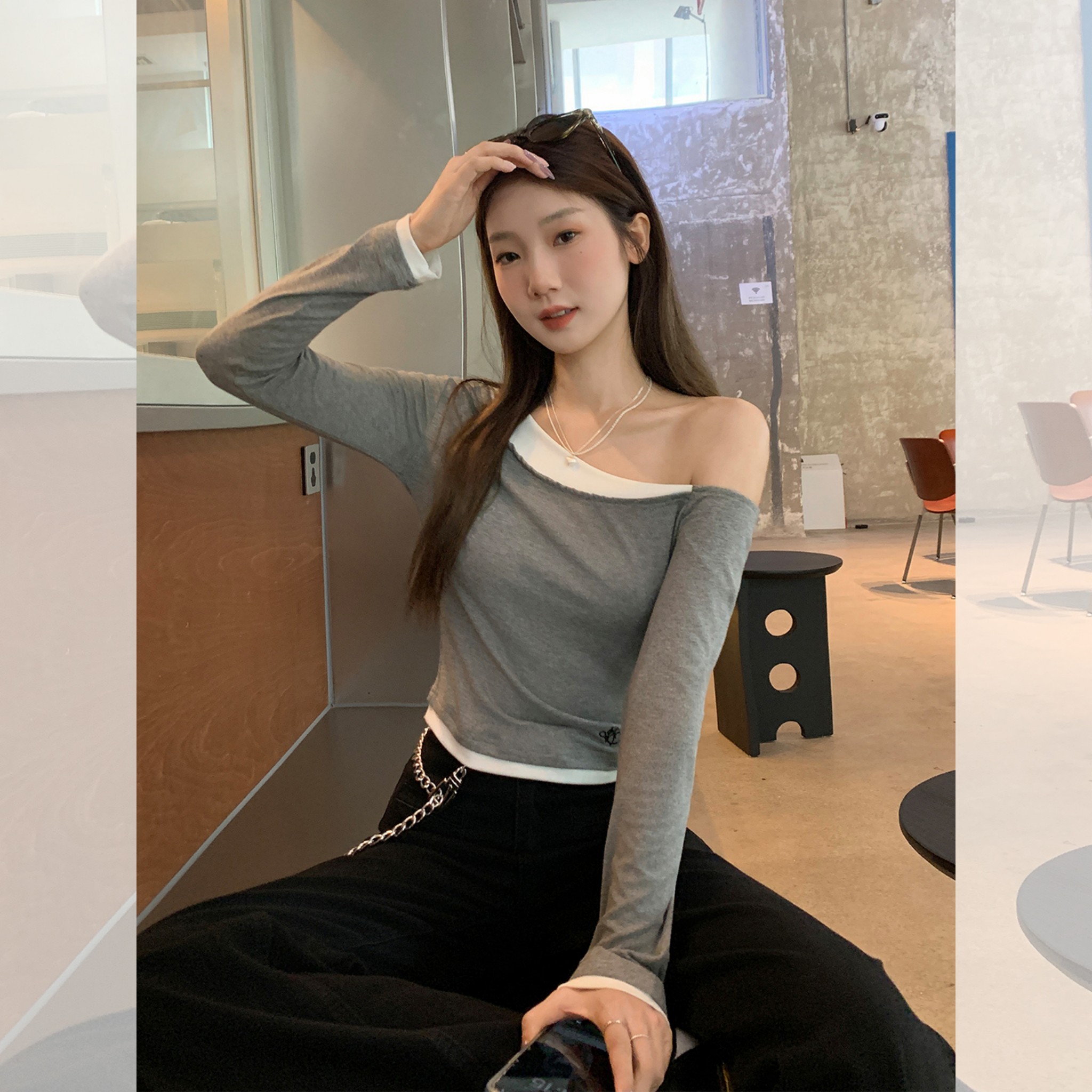 设计感一字肩长袖T恤女2026年春秋季灰色露肩修身显瘦百搭打底衫