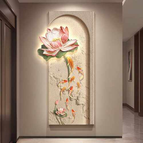 新中式玄关装饰画荷花九鱼图过道走廊尽头挂画高档入户门墙壁画灯