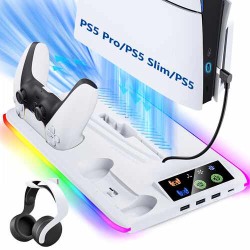 PS5/Slim/PRO主机通用散热风扇底座PS5手柄双座充耳机挂架带RGB灯