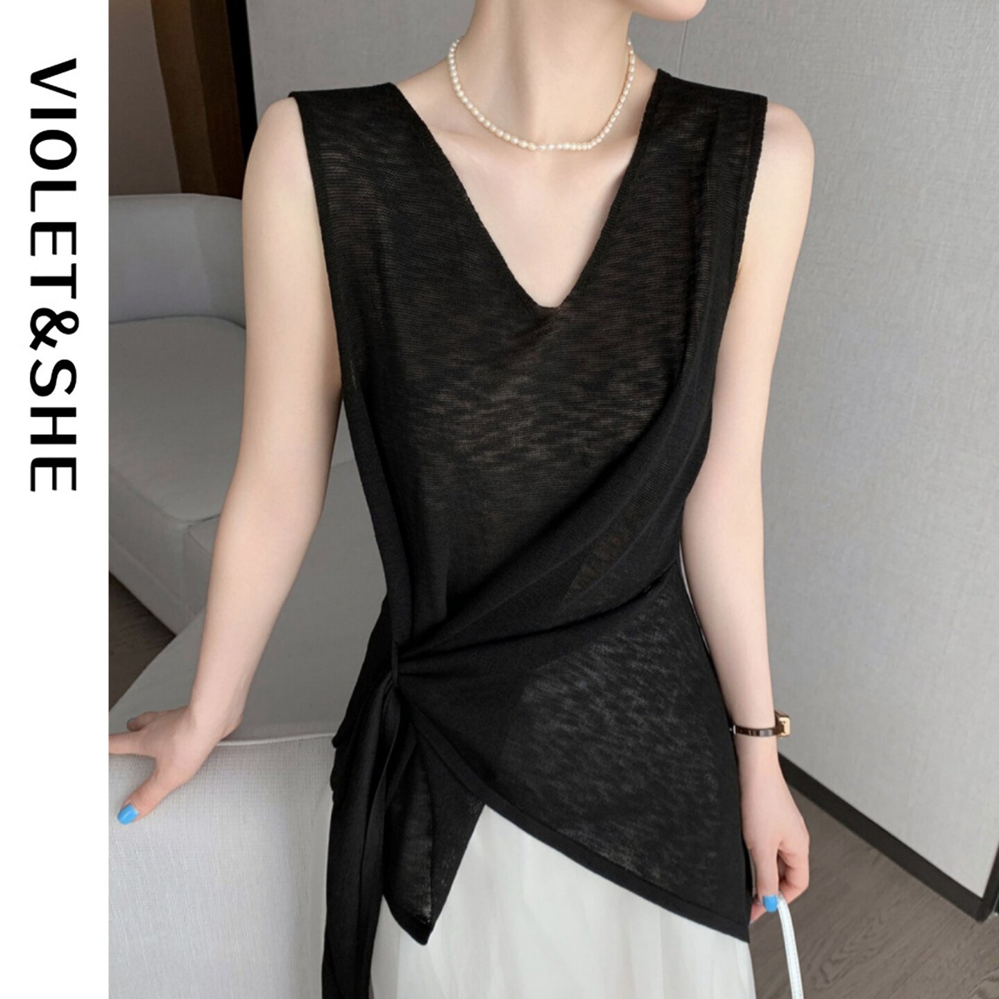 夏季女V领无袖针织背心百搭