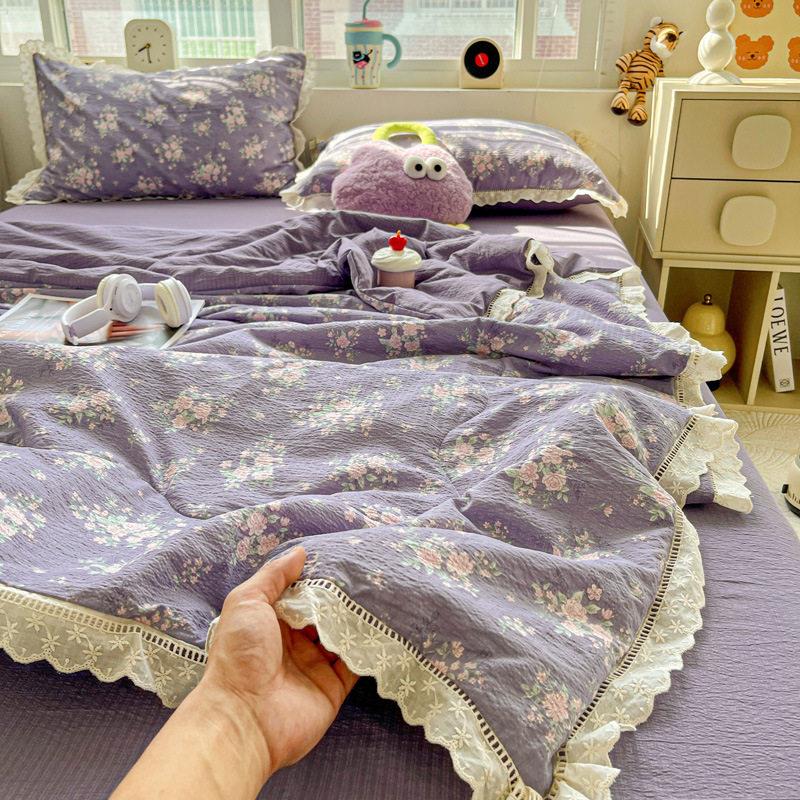 云感木棉皱皱纱夏被四件套花边款夏被四件套双人夏凉被空调被子