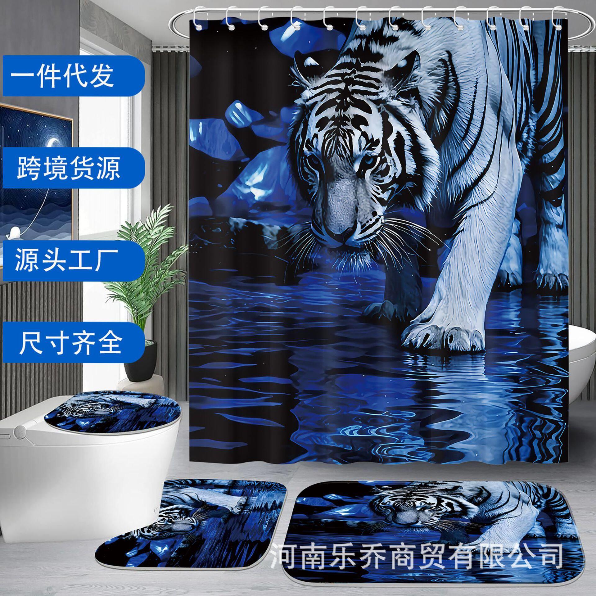 创意蓝色水面和白虎浴帘套装个塑料挂钩浴室配件家居装饰图片
