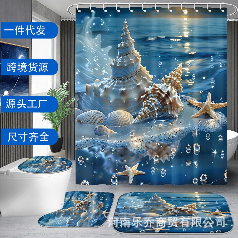 贝壳海滩印花浴帘套装装饰浴室套装个塑料挂钩浴室配件家居装饰图片