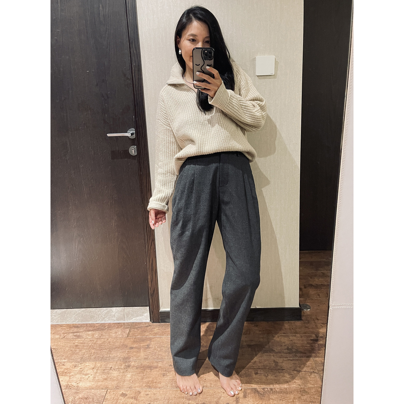 TANG TOWN 灰色斜纹羊毛西装裤女休闲舒适保暖百搭
