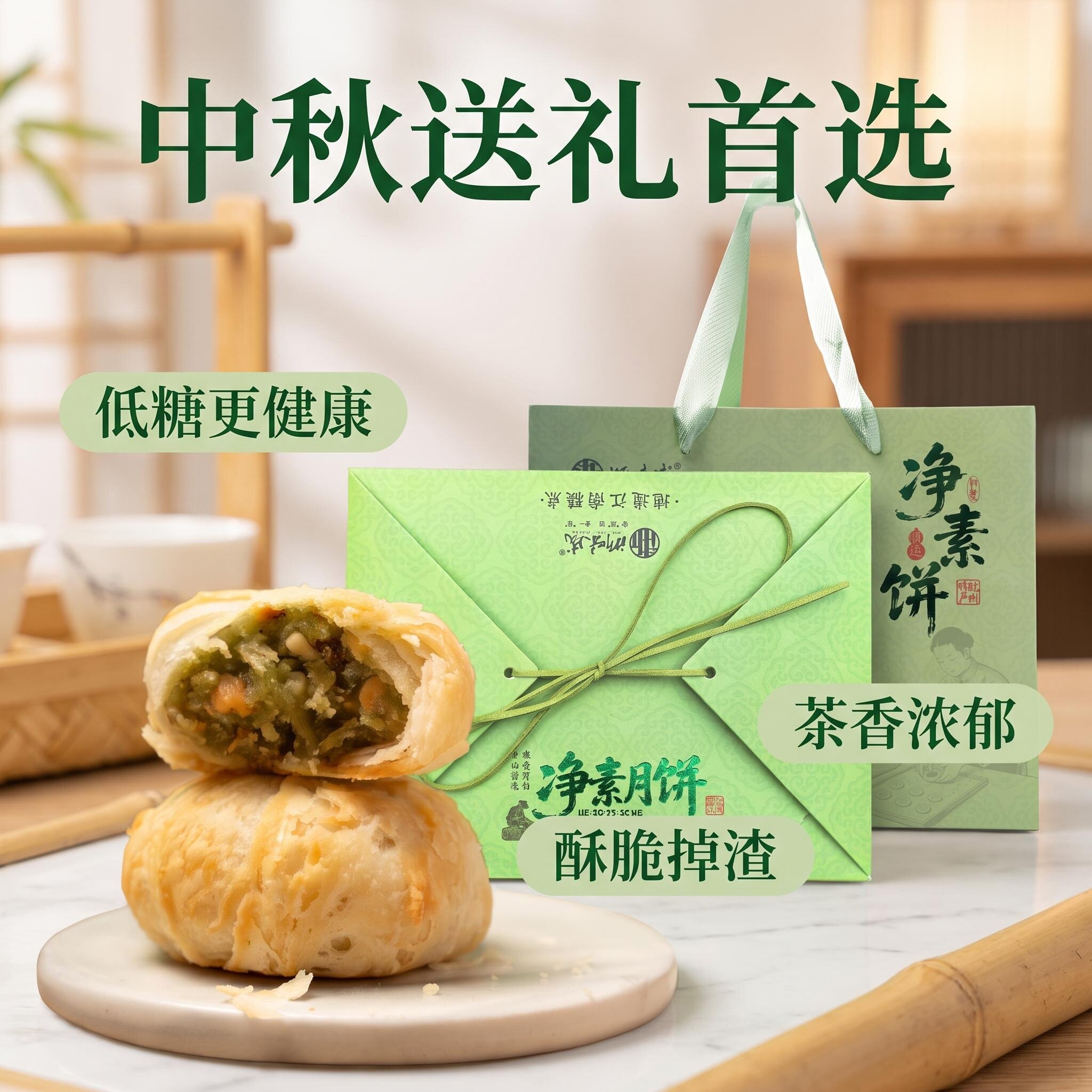 浙味成低糖龙井净素坚果苏式月饼礼盒装送礼走亲戚长辈高档礼盒