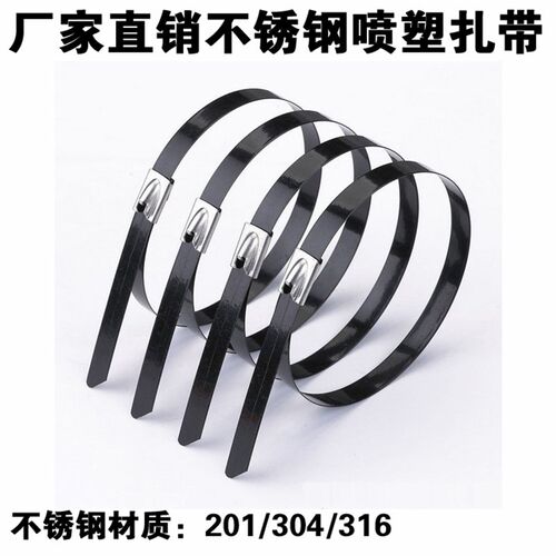 304自锁式喷塑不锈钢扎带8X300MM 船用电缆扎带黑色金属扎带