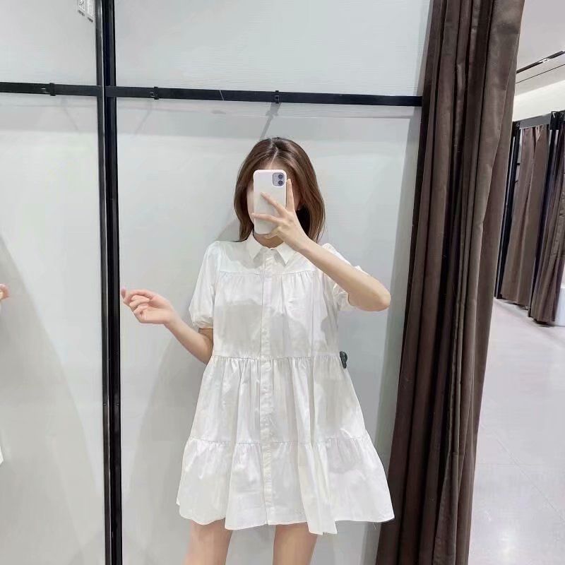 白色新款宽松显瘦连衣裙2026夏季小个子气质法式衬衫泡泡袖连衣裙