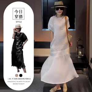 韩系简约感休闲白色连衣裙女夏季设计感宽松气质减龄拼接长裙