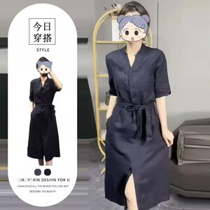 感小众设计感系带高腰宽松显瘦v领前开叉衬衫裙女气质连衣裙