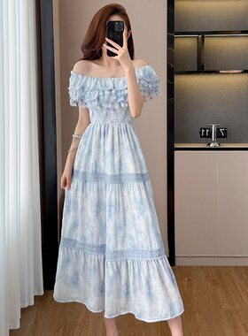 蓝色长款打揽印花收腰连衣裙女夏季法式复古气质感裙子图片色