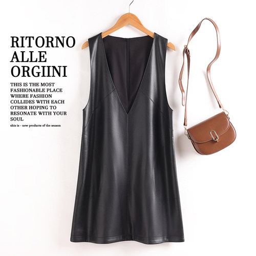 真皮马甲女背心连衣裙中长款坎肩