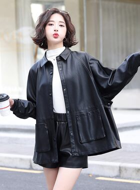 真皮皮衣女短款宽松皮夹克外套
