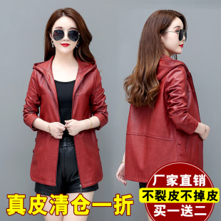 韩版 时尚 宽松显瘦绵羊皮夹克连帽外套 真皮皮衣女短款 2025春秋新款