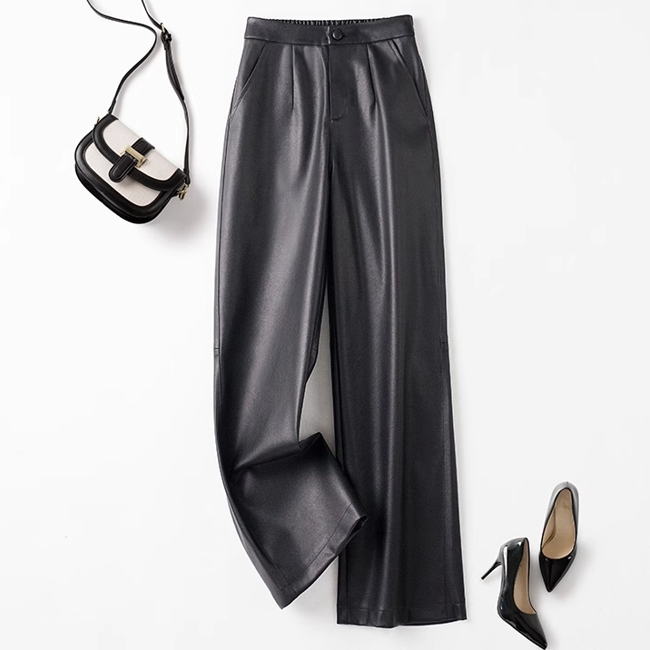 海宁真皮皮裤阔腿裤女2025新款冬绵羊皮高腰显瘦大码休闲直筒长裤