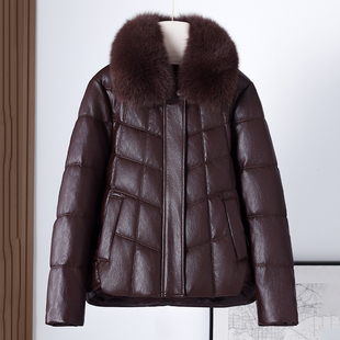 2025新款 狐狸毛领中老年妈妈绵羊皮海宁皮衣外套 真皮羽绒服女短款