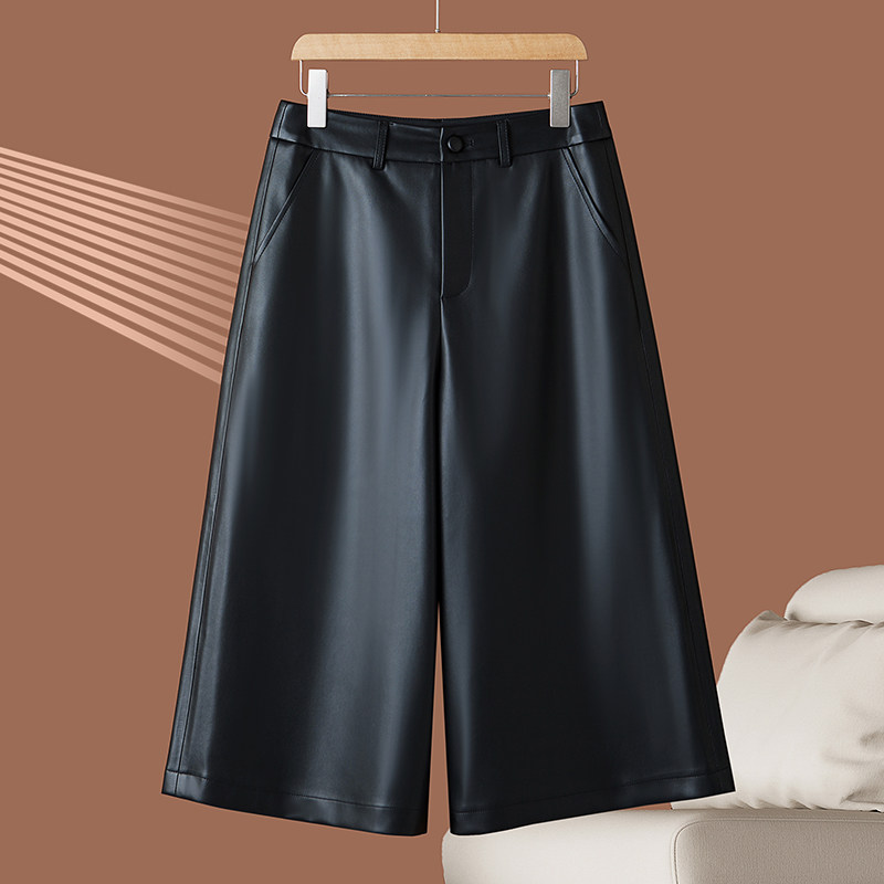 真皮皮裤女高腰直筒七分阔腿裤