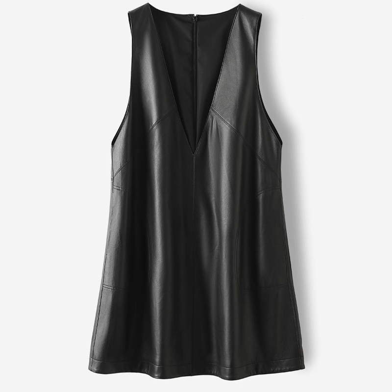 2025秋冬新款真皮连衣裙女中长款背心裙绵羊皮小个子坎肩马甲皮裙