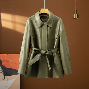 海宁真皮皮衣外套女2025新款 皮风衣 春秋绵羊皮收腰气质系带中长款