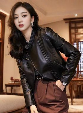 海宁真皮皮衣女短款酷飒风黑色立领机车2025秋款新绵羊皮夹克外套