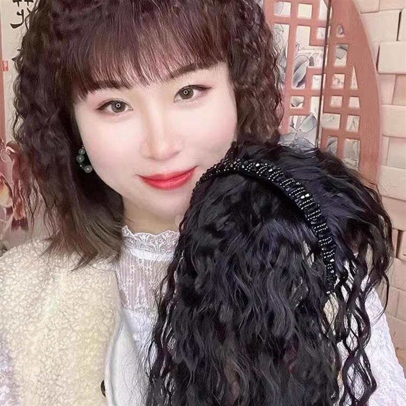 假发女发箍刘海一体真人发头顶蓬松增发量遮白发玉米烫卷发补发片