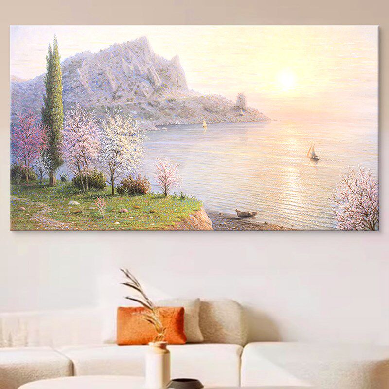 奔赴山海风景纯手绘油画客厅沙发背景墙装饰画玄关紫色治愈系挂画