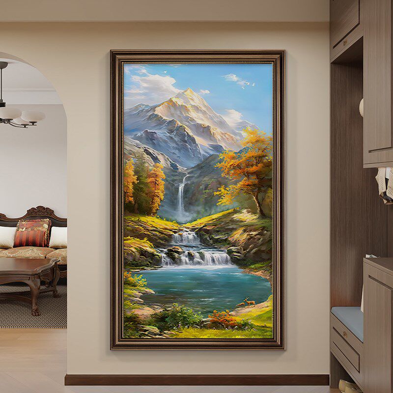 美式玄关装饰画金山聚宝盆手绘油画走廊过道招财风景山水竖版挂画