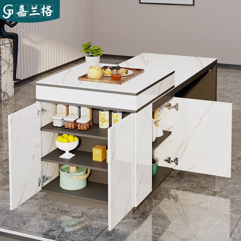 轻奢岩板岛台餐桌一体可伸缩小户型中岛台多功能厨房茶桌吧台9E3