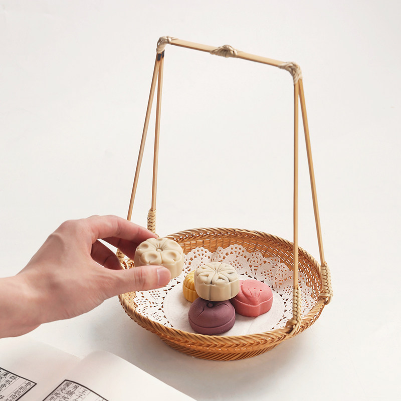 日式手工竹编小提篮复古茶点盘家用竹篮子零食收纳筐托盘碗水果篮