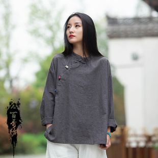 2026春季新款棉麻女装复古立领偏襟拼色砂洗盘扣上衣长袖女式衬衫