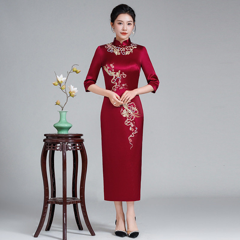 高端刺绣婚礼妈妈醋酸旗袍礼服 春秋新款旗袍 中长款喜婆婆婚宴装