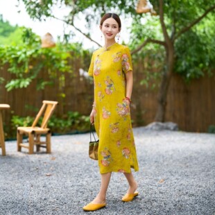 升学送入校苎麻改良旗袍薄款国风文艺走向辉煌日常宽松黄连衣裙