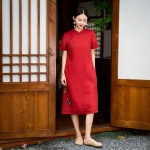 升学送入校红色喜庆苎麻改良旗袍薄国风盘扣刺绣文艺日常服连衣裙