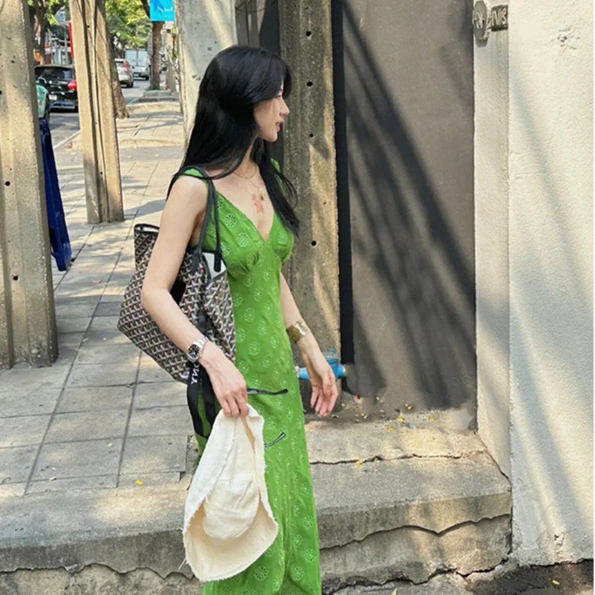 高级复古绿色领无袖连衣