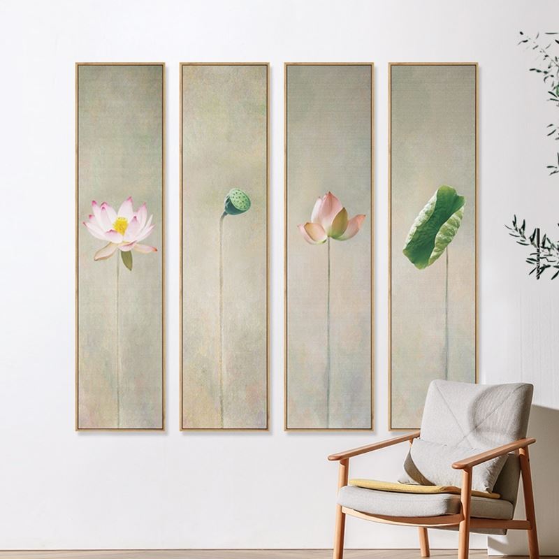 新中式长条墙面装饰莲花挂画禅意荷花装饰画茶室玄关背景墙画竖版