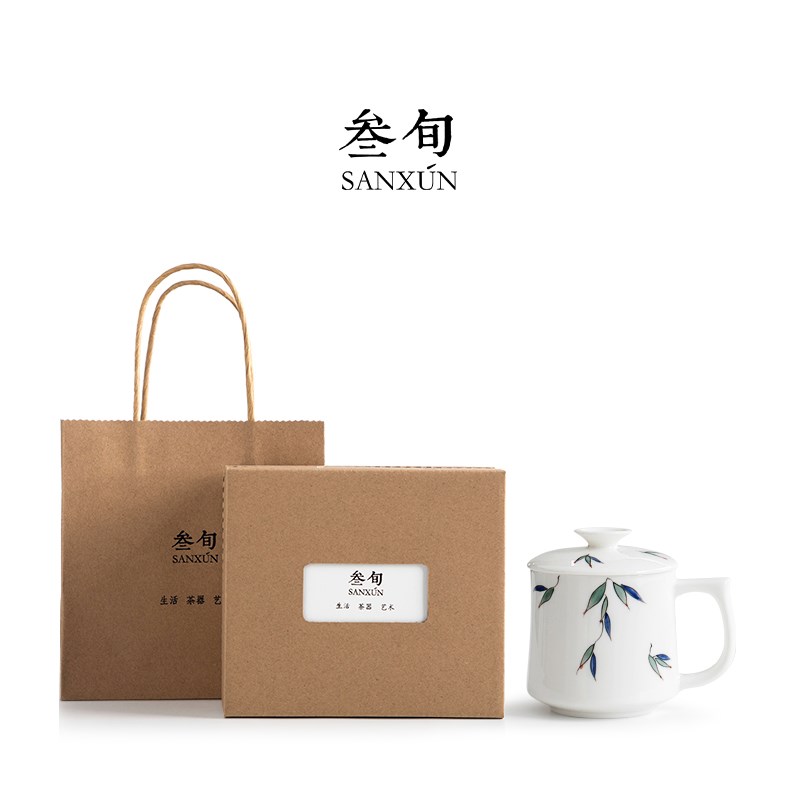 叁旬手绘常青竹水杯创意带盖陶瓷泡茶杯高档精致办公室马克杯杯子