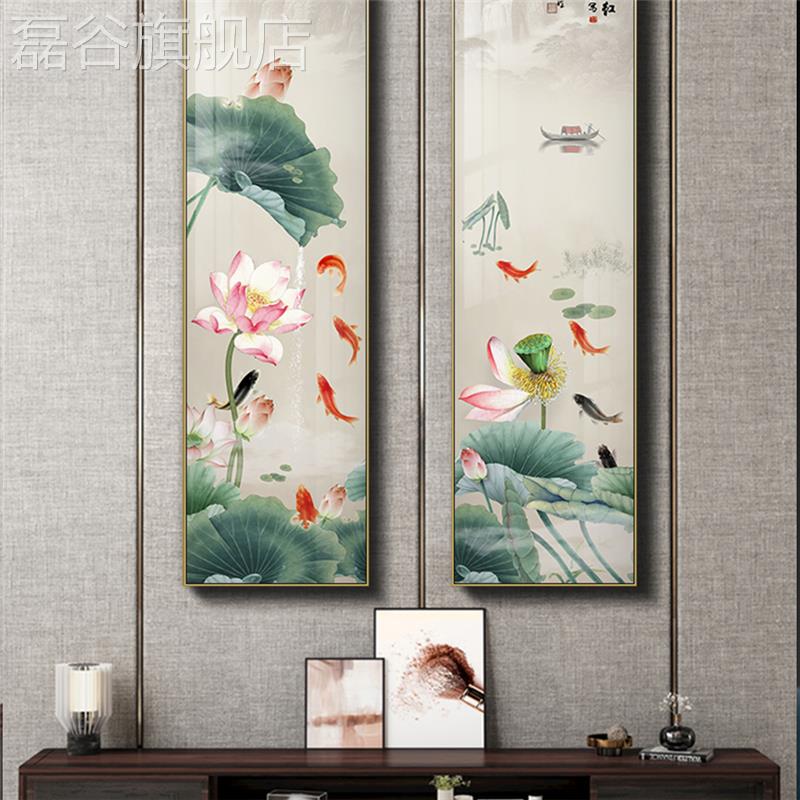 网红新中式九鱼联图装饰画荷花叶玄客厅沙发背景墙壁画别墅四两关