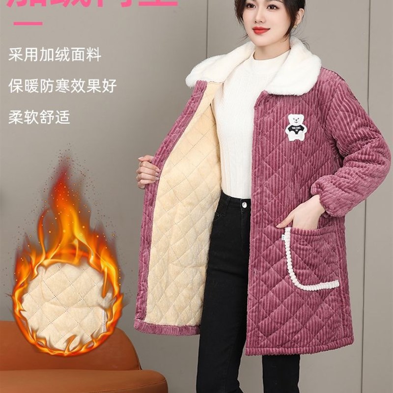 新款加绒加厚罩衣女外穿保暖冬季中长款厨房围裙护衣外套工作服女
