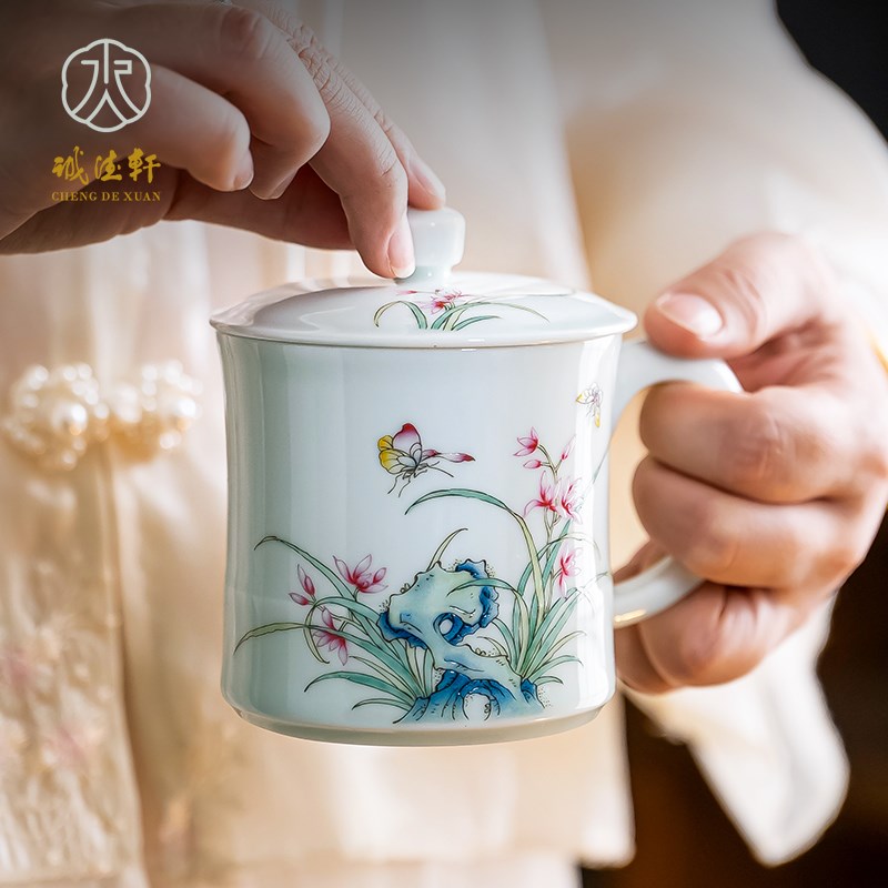 诚德轩茶杯办公杯景德镇茶具带盖陶瓷手绘粉彩兰花办公室泡茶杯子