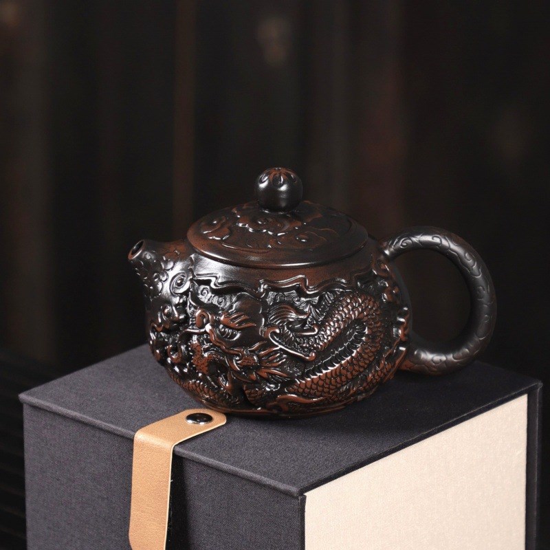 建水紫陶茶壶泡茶专用纯手工雕刻龙纹西施壶紫陶壶茶具套装泡茶壶